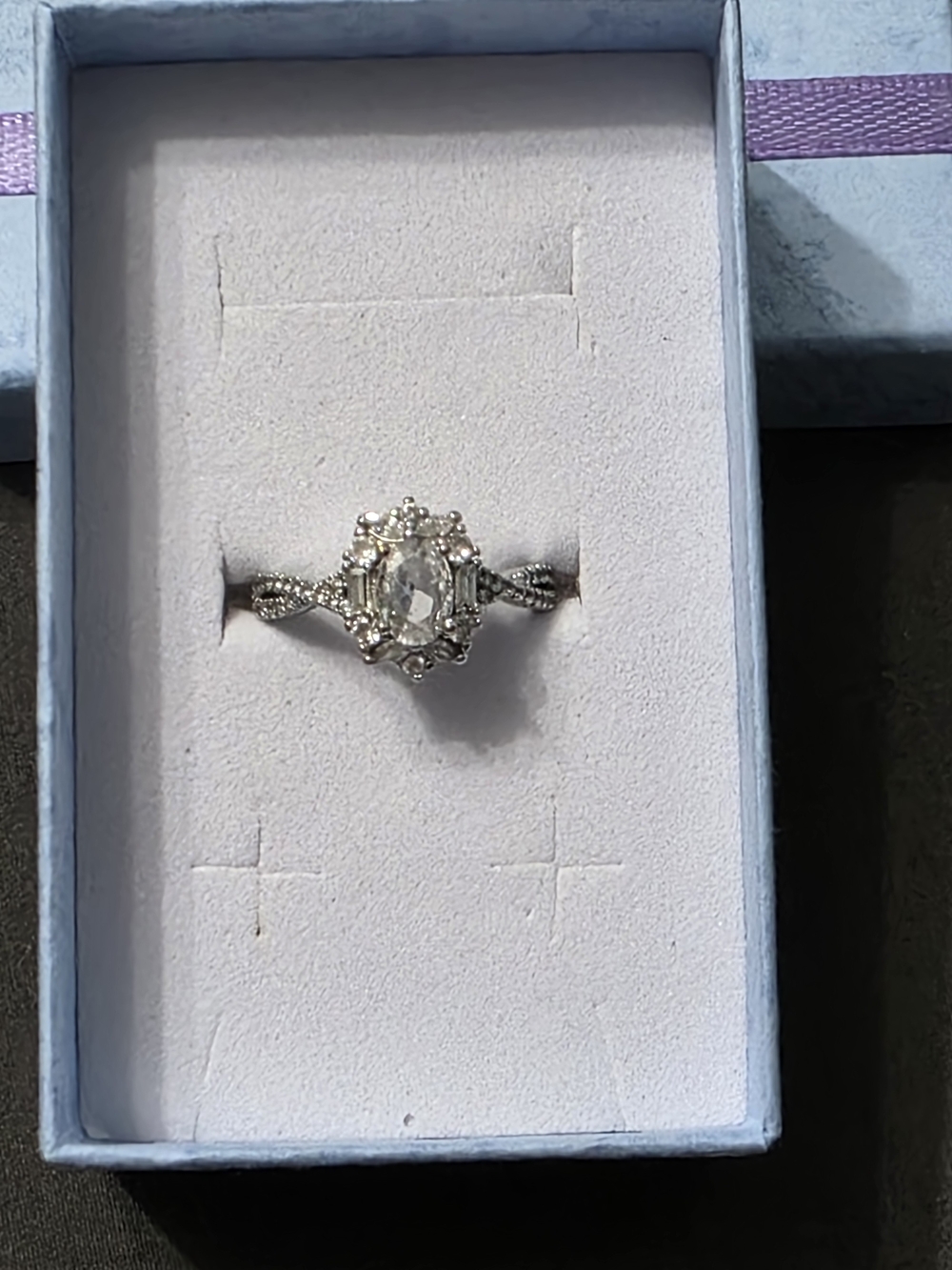 Estate - Silver-Tone - Halo Ring with Clear Oval Stone - Item 294